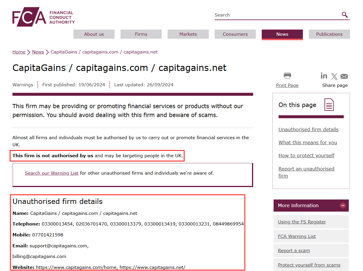 CapitaGains-FCA-Warning