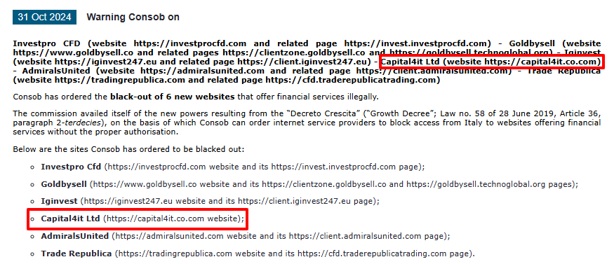 Capital4it Ltd CONSOB WArning