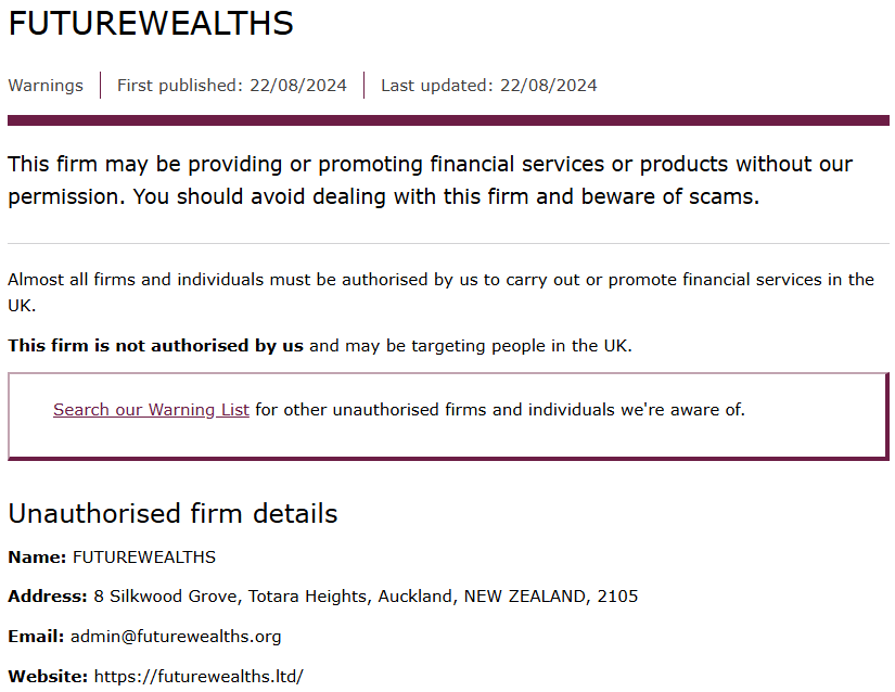 Futurewealths FCA Warning