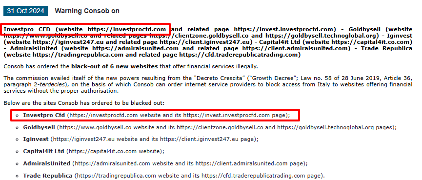 Investpro CFD CONSOB Warning