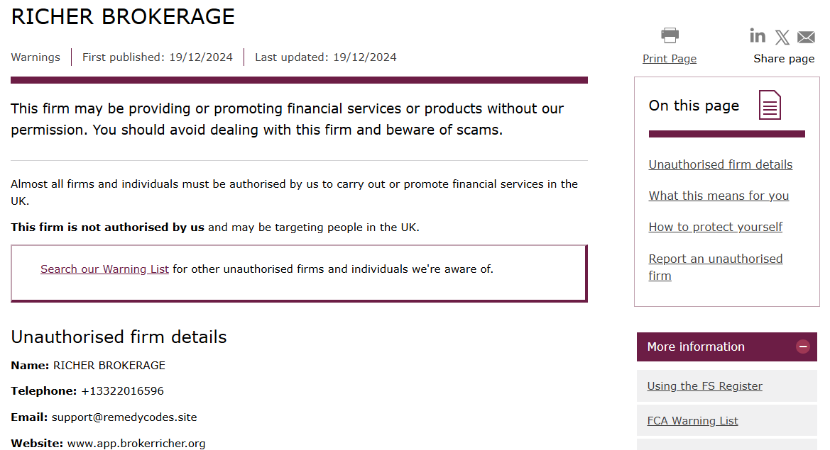 RICHER BROKERAGE FCA Warning