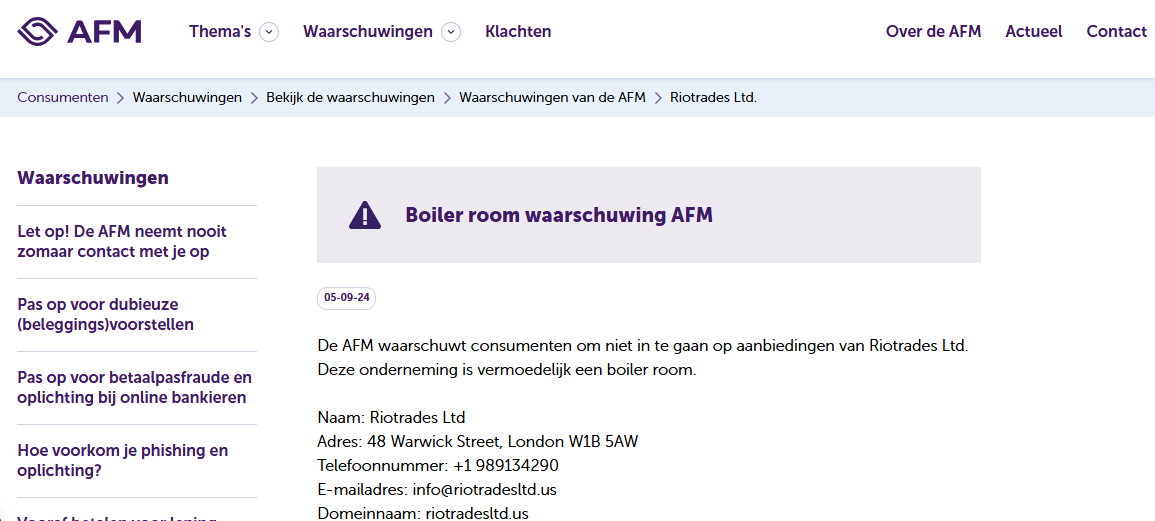 Riotrades Ltd AFM Warning