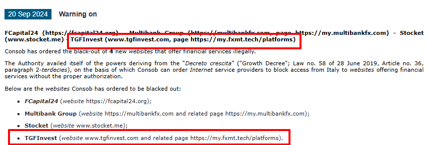 TGFInvest CONSOB Warning