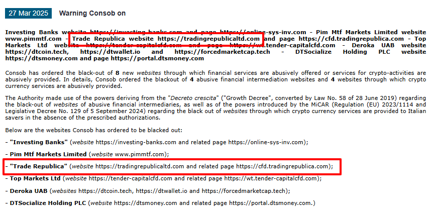 Trade Republica CONSOB Warning