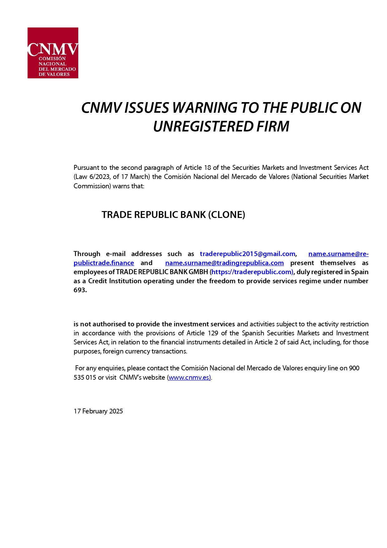 Trade Republic Bank CNMV Warning