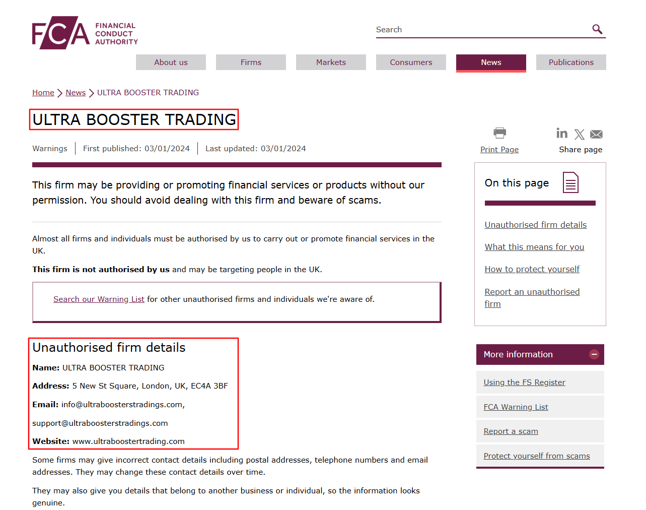 FCA Official Warning for ULTRA BOOSTER TRADING