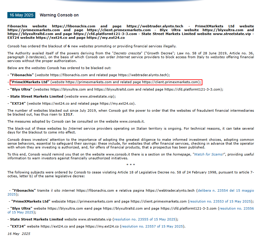 PrimeXMarkets Ltd-CONSOB-Warning