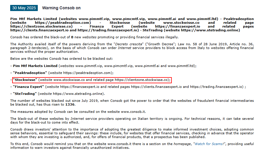 Stockwisse CONSOB Warning