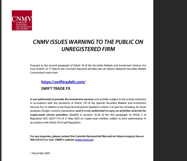 CNMV issued a warning against Swift Trade FX