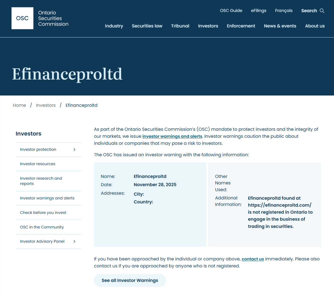 Efinanceproltd-OSC-Warning