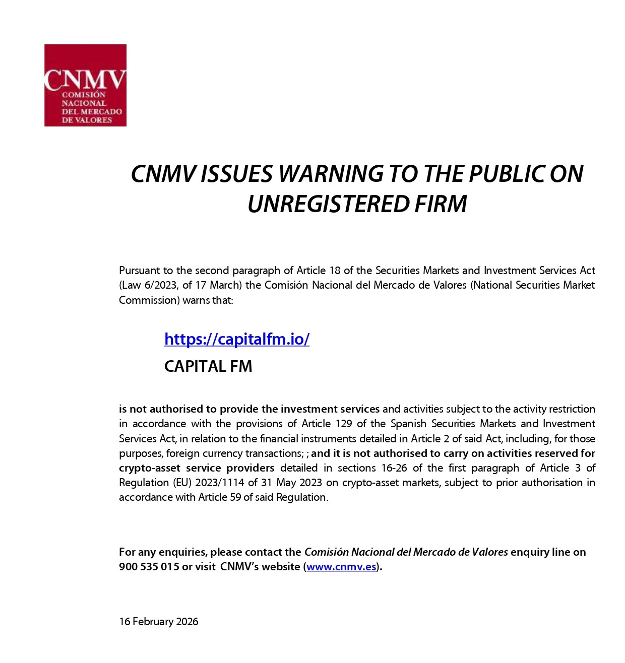 capital fm cnmv warning