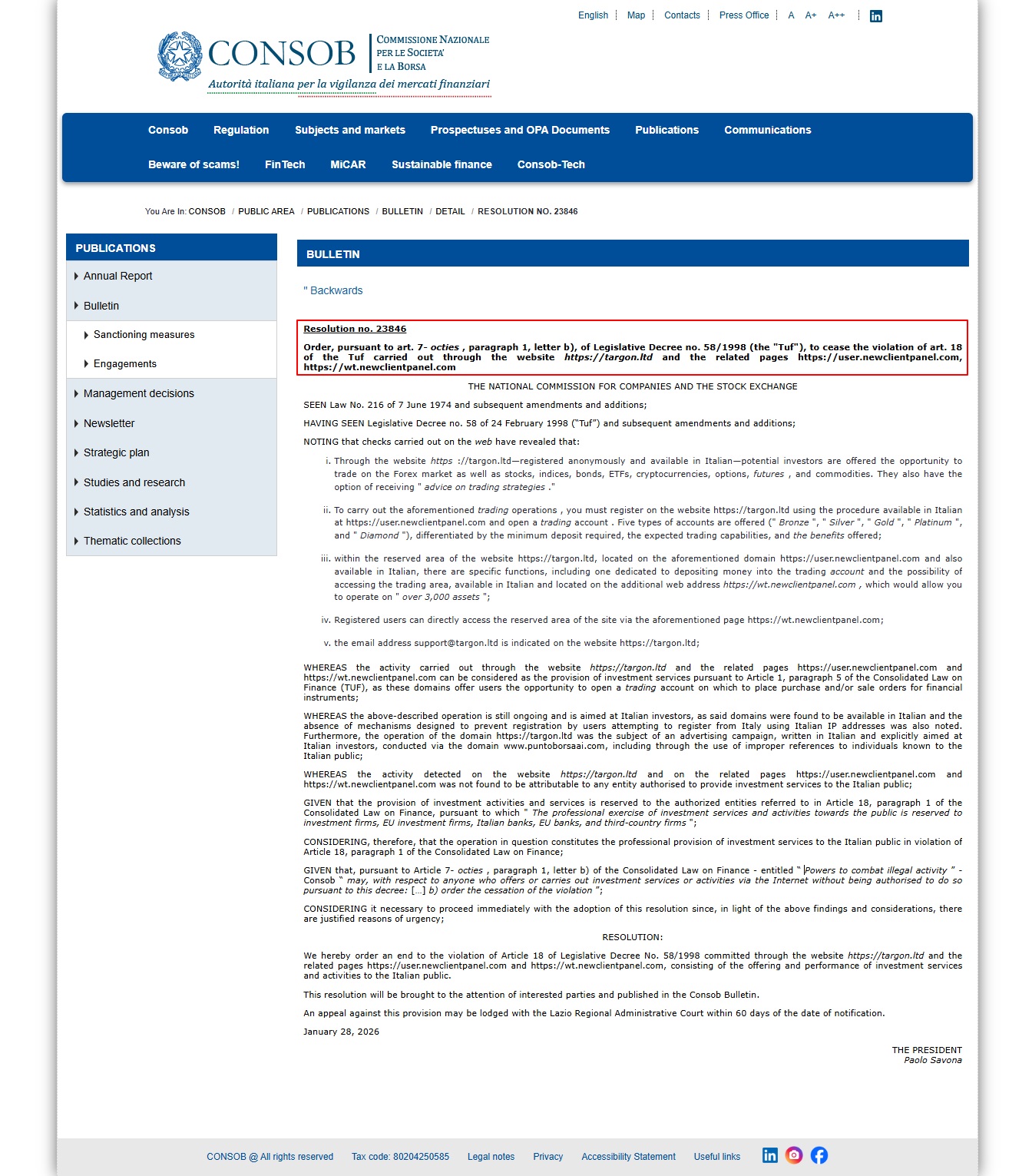 Targon-CONSOB-warning